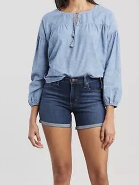 Levi Mid Length Rolled Stretch Denim Mid Rise Shorts in Dark Wash